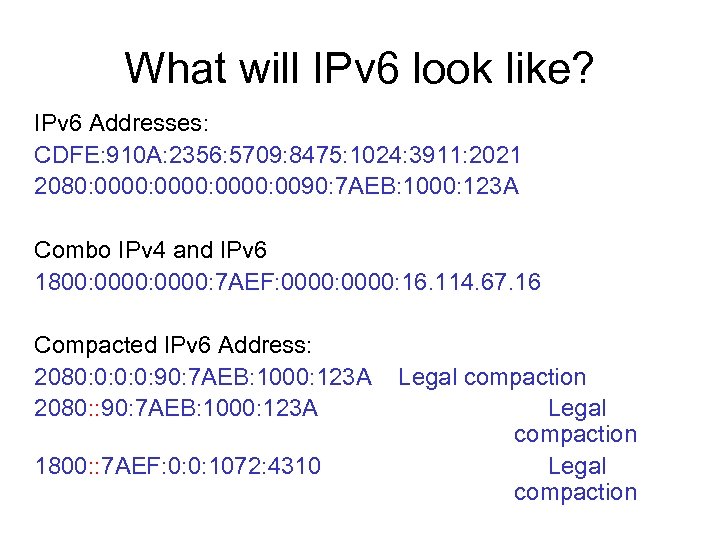 What will IPv 6 look like? IPv 6 Addresses: CDFE: 910 A: 2356: 5709: