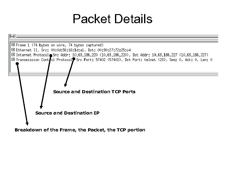 Packet Details Source and Destination TCP Ports Source and Destination IP Breakdown of the
