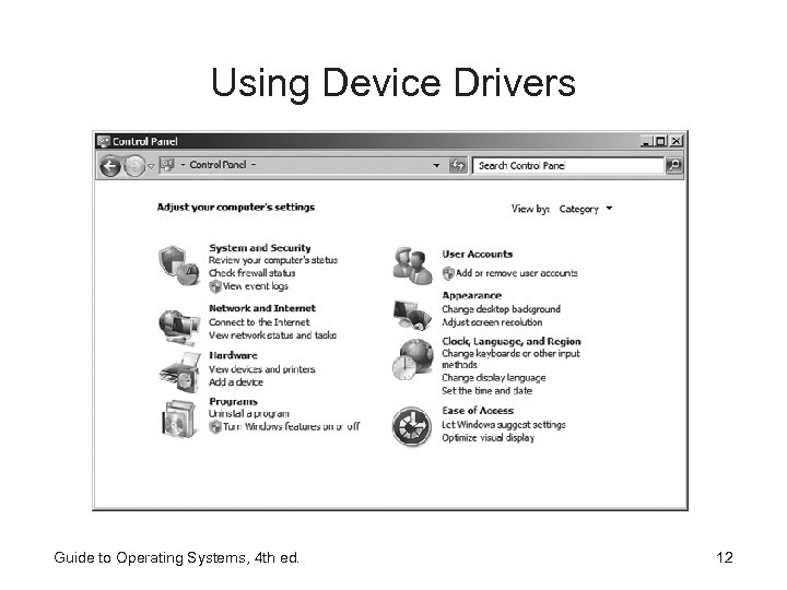 Using Device Drivers Guide to Operating Systems, 4 th ed. 12 