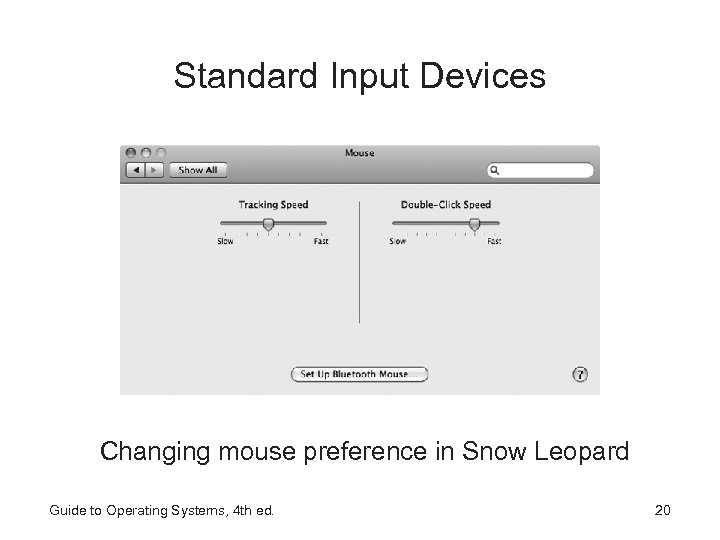 Standard Input Devices Changing mouse preference in Snow Leopard Guide to Operating Systems, 4