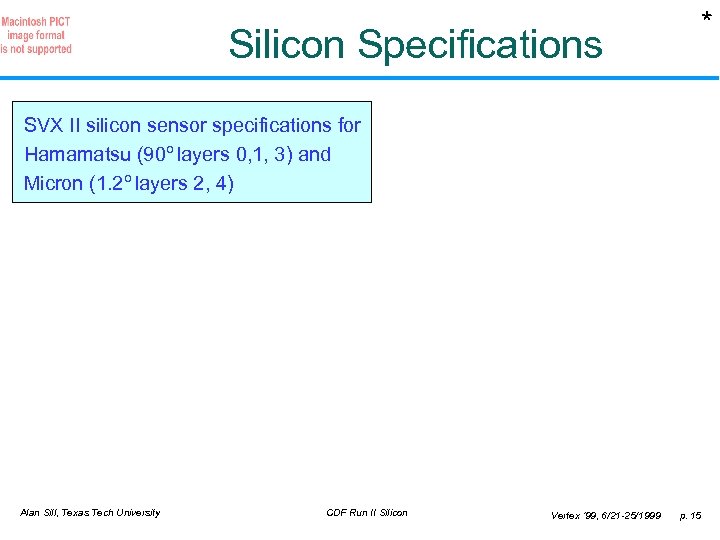 * Silicon Specifications SVX II silicon sensor specifications for Hamamatsu (90 o layers 0,