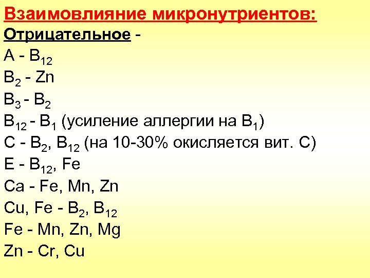 Взаимовлияние микронутриентов: Отрицательное А - В 12 B 2 - Zn В 3 -