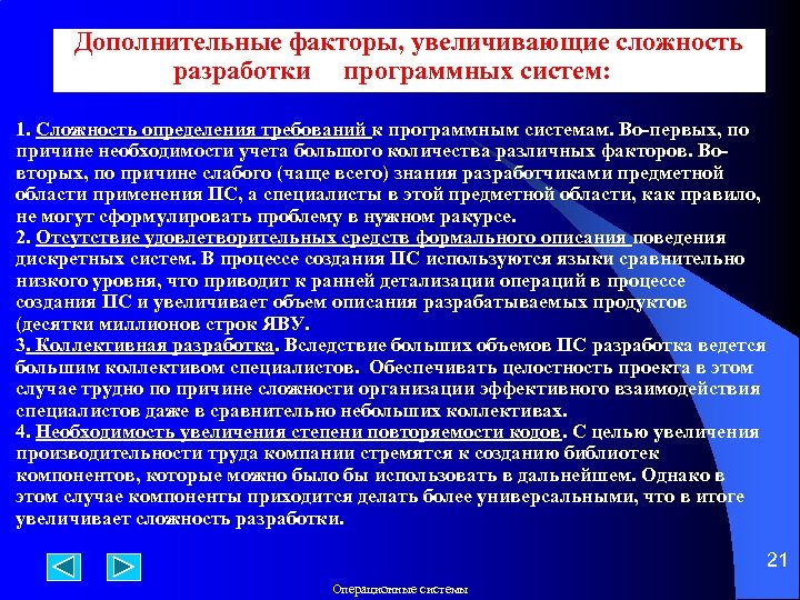  Дополнительные факторы, увеличивающие сложность разработки программных систем: 1. Сложность определения требований к программным