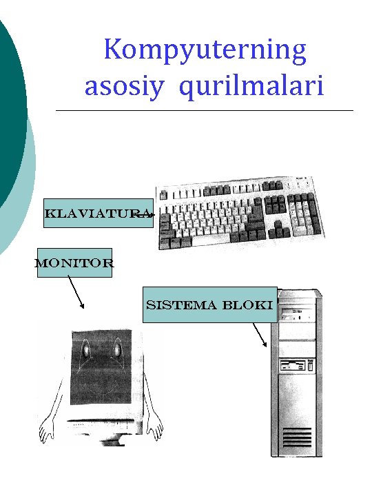 Kompyuterning asosiy qurilmalari Klaviatura Monitor Sistema bloki 