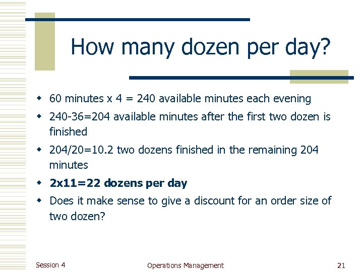 How many dozen per day? w 60 minutes x 4 = 240 available minutes
