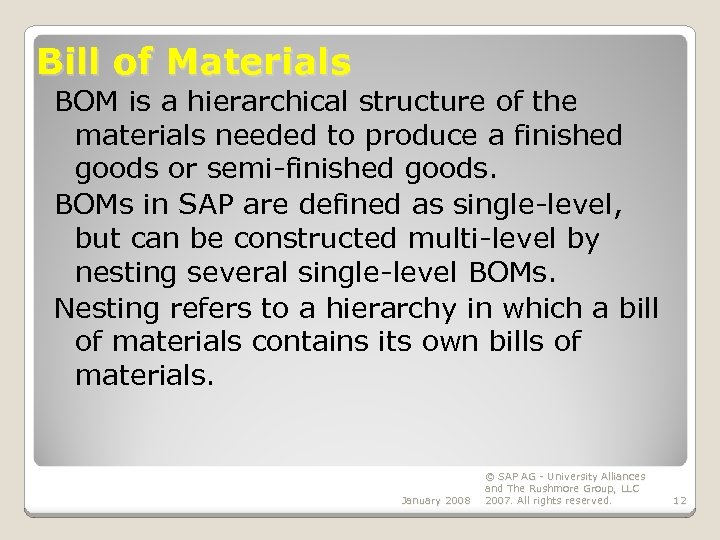 Bill of Materials BOM is a hierarchical structure of the materials needed to produce