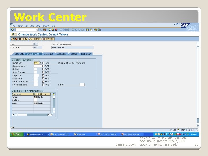 Work Center January 2008 © SAP AG - University Alliances and The Rushmore Group,