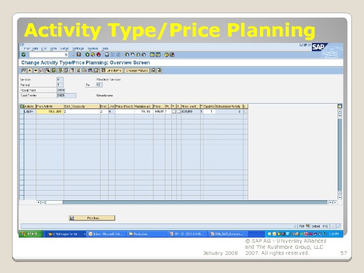 Activity Type/Price Planning January 2008 © SAP AG - University Alliances and The Rushmore