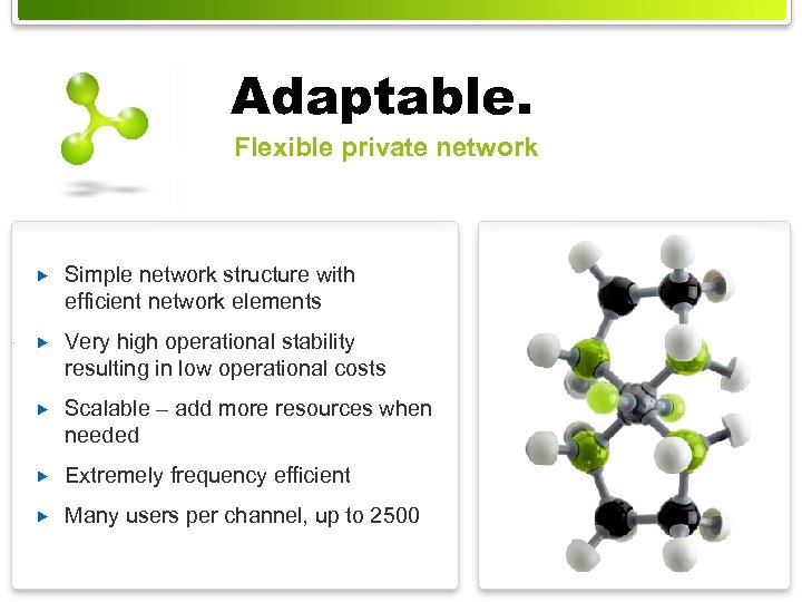 Adaptable. Flexible private network Simple network structure with efficient network elements Very high operational