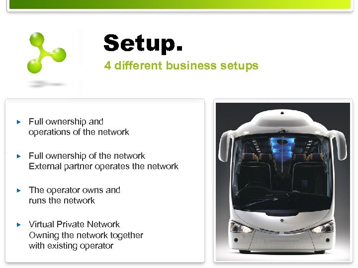 Setup. 4 different business setups Full ownership and operations of the network Full ownership