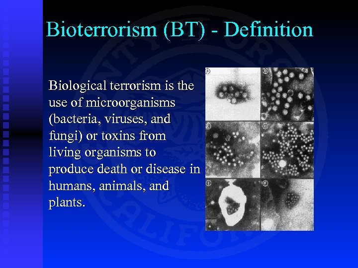 Bioterrorism (BT) - Definition Biological terrorism is the use of microorganisms (bacteria, viruses, and