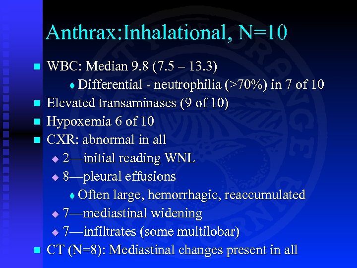 Anthrax: Inhalational, N=10 n n n WBC: Median 9. 8 (7. 5 – 13.