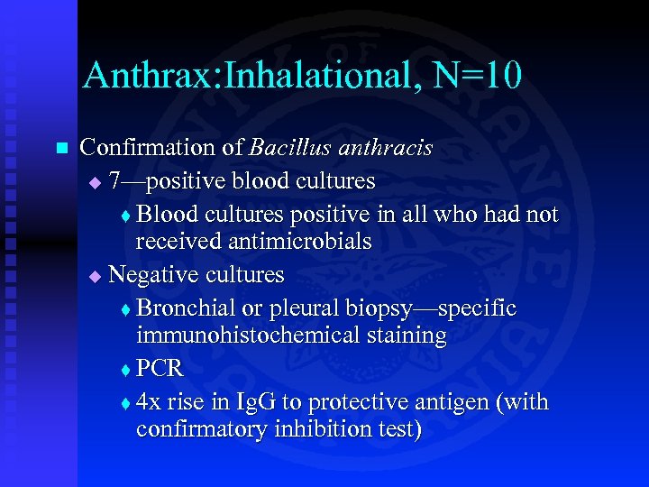 Anthrax: Inhalational, N=10 n Confirmation of Bacillus anthracis u 7—positive blood cultures t Blood