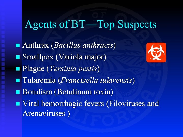 Agents of BT—Top Suspects Anthrax (Bacillus anthracis) n Smallpox (Variola major) n Plague (Yersinia