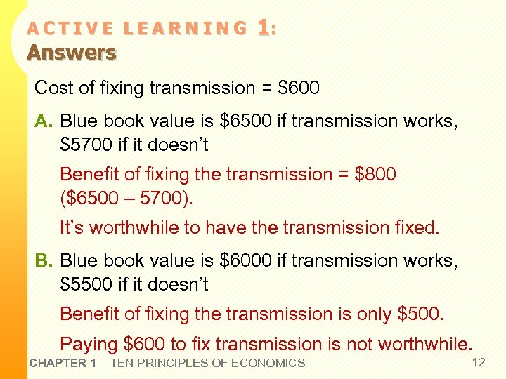 ACTIVE LEARNING Answers 1: Cost of fixing transmission = $600 A. Blue book value