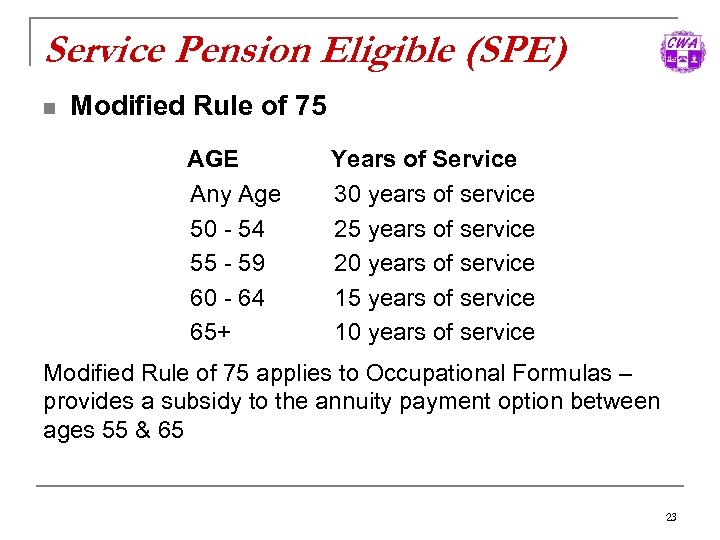 Service Pension Eligible (SPE) n Modified Rule of 75 AGE Any Age 50 -