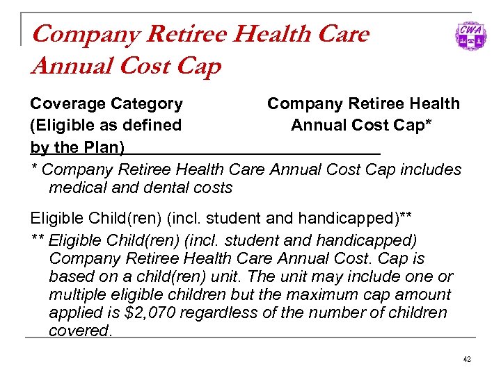 Company Retiree Health Care Annual Cost Cap Coverage Category Company Retiree Health (Eligible as