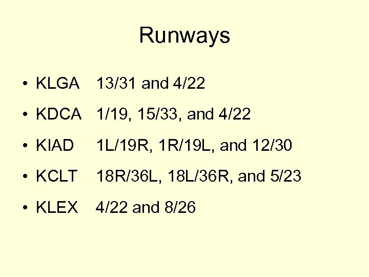 Runways • KLGA 13/31 and 4/22 • KDCA 1/19, 15/33, and 4/22 • KIAD