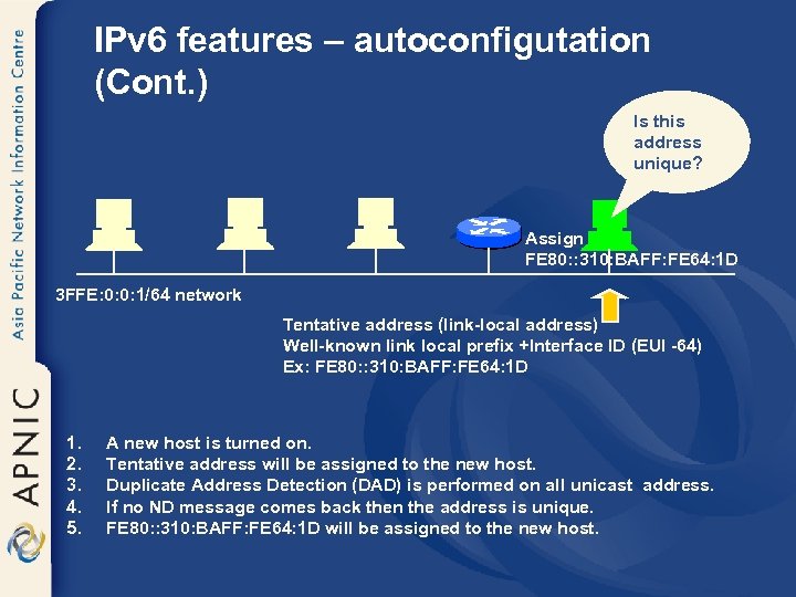 IPv 6 features – autoconfigutation (Cont. ) Is this address unique? Assign FE 80:
