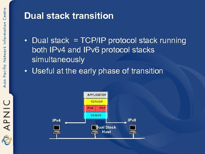 Dual stack transition • Dual stack = TCP/IP protocol stack running both IPv 4