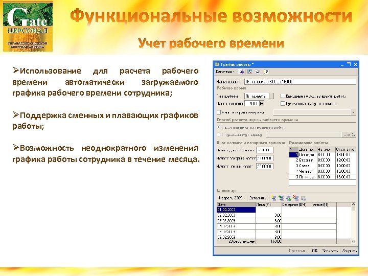 ØИспользование для расчета рабочего времени автоматически загружаемого графика рабочего времени сотрудника; ØПоддержка сменных и