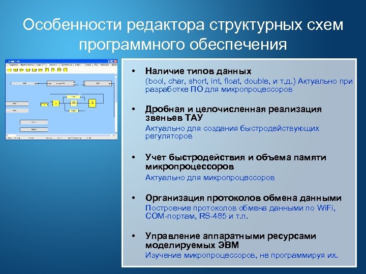 Особенности редактора структурных схем программного обеспечения • Наличие типов данных (bool, char, short, int,