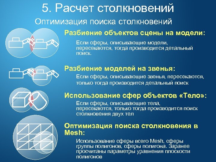 5. Расчет столкновений Оптимизация поиска столкновений Разбиение объектов сцены на модели: Если сферы, описывающие
