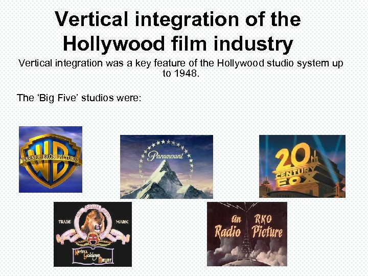 Vertical integration of the Hollywood film industry Vertical integration was a key feature of
