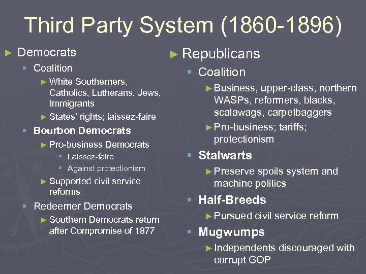 Third Party System (1860 -1896) ► Democrats ► Republicans § Coalition ► White Southerners,