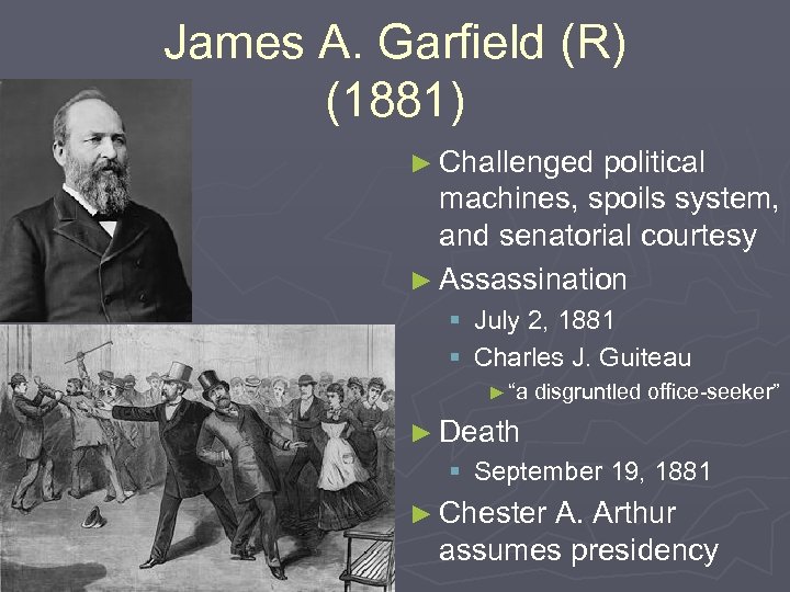 James A. Garfield (R) (1881) ► Challenged political machines, spoils system, and senatorial courtesy