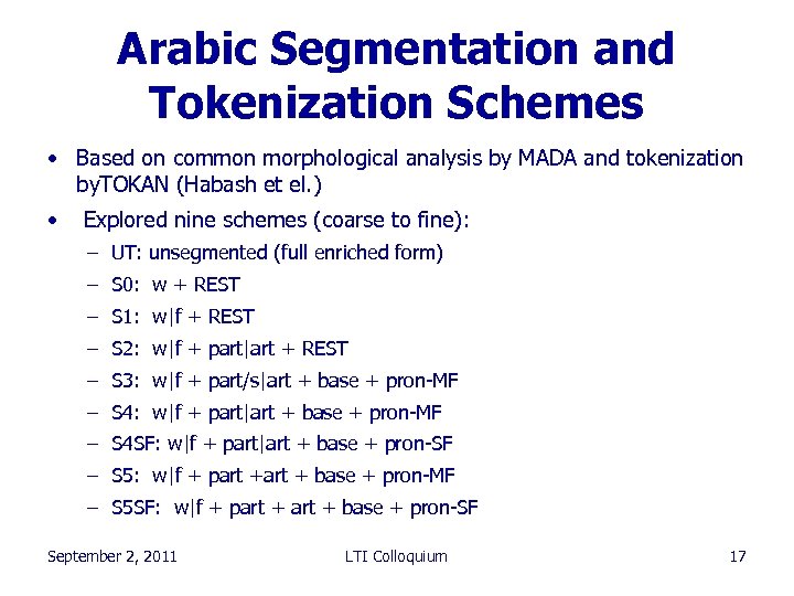 Arabic Segmentation and Tokenization Schemes • Based on common morphological analysis by MADA and