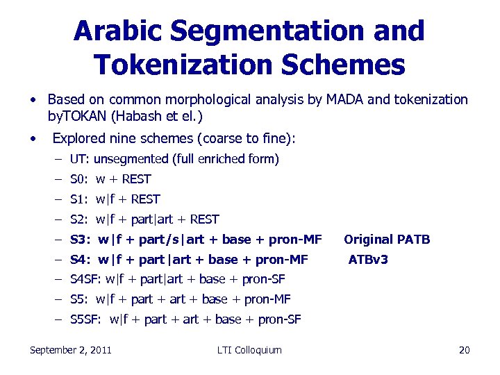 Arabic Segmentation and Tokenization Schemes • Based on common morphological analysis by MADA and