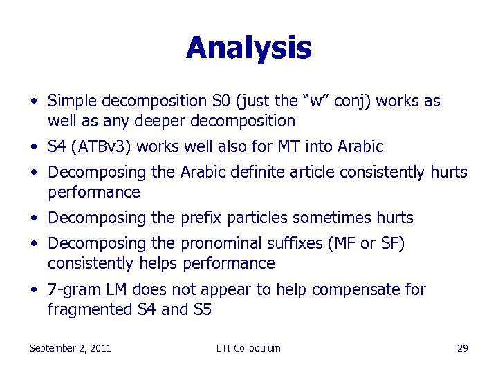 Analysis • Simple decomposition S 0 (just the “w” conj) works as well as