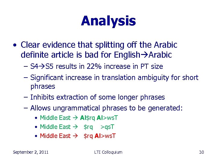 Analysis • Clear evidence that splitting off the Arabic definite article is bad for