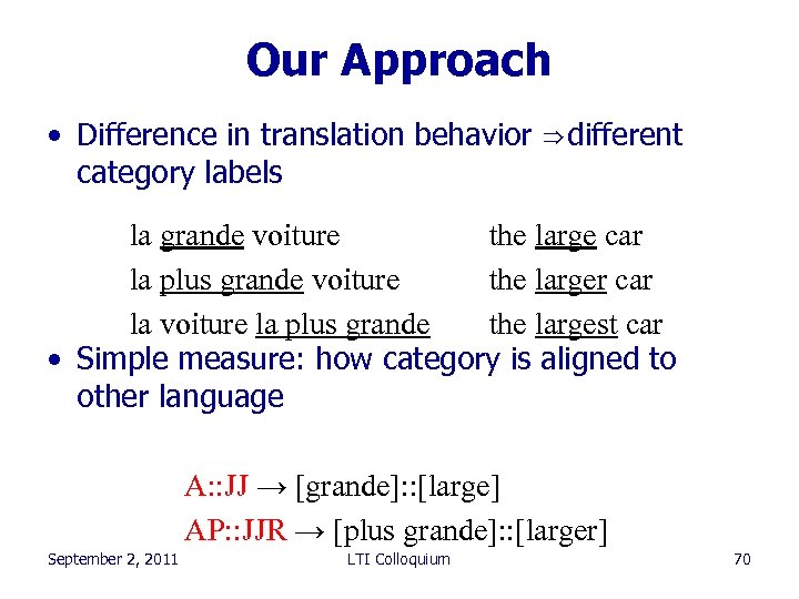 Our Approach • Difference in translation behavior ⇒ different category labels la grande voiture