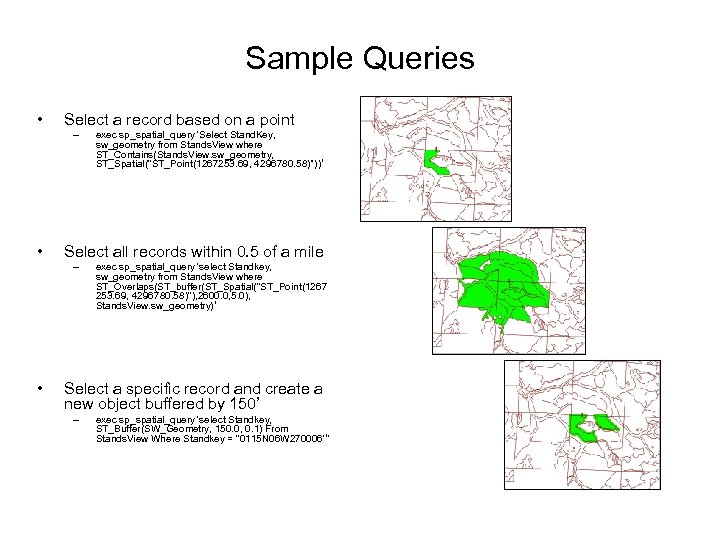 Sample Queries • Select a record based on a point – • Select all