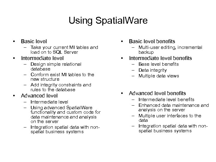 Using Spatial. Ware • Basic level • – Take your current MI tables and