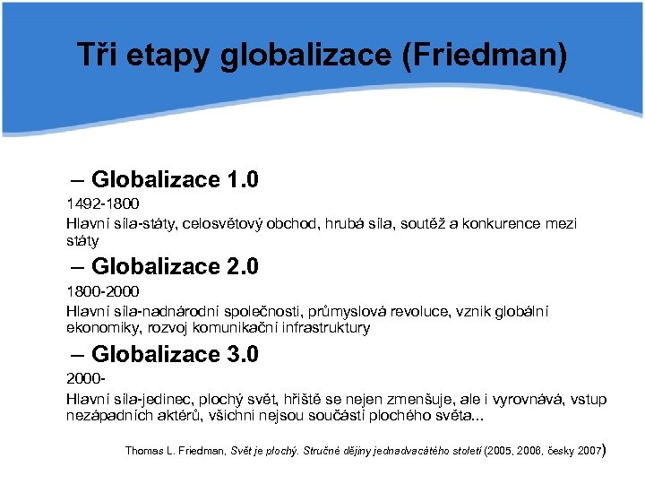Tři etapy globalizace (Friedman) – Globalizace 1. 0 1492 -1800 Hlavní síla-státy, celosvětový obchod,