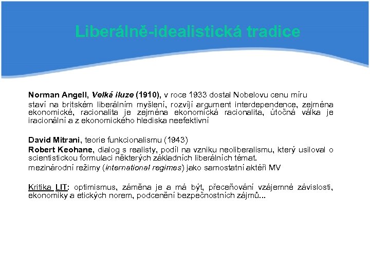 Liberálně-idealistická tradice Norman Angell, Velká iluze (1910), v roce 1933 dostal Nobelovu cenu míru