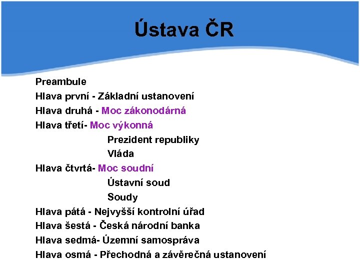 Ústava ČR Preambule Hlava první - Základní ustanovení Hlava druhá - Moc zákonodárná Hlava