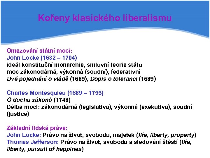 Kořeny klasického liberalismu Omezování státní moci: John Locke (1632 – 1704) ideál konstituční monarchie,