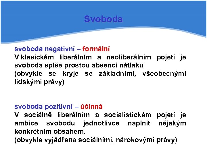 Svoboda svoboda negativní – formální V klasickém liberálním a neoliberálním pojetí je svoboda spíše