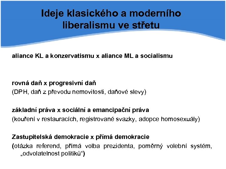 Ideje klasického a moderního liberalismu ve střetu aliance KL a konzervatismu x aliance ML