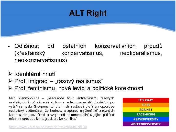 ALT Right - Odlišnost od ostatních konzervativních proudů (křesťanský konzervatismus, neoliberalismus, neokonzervatismus) Ø Identitární