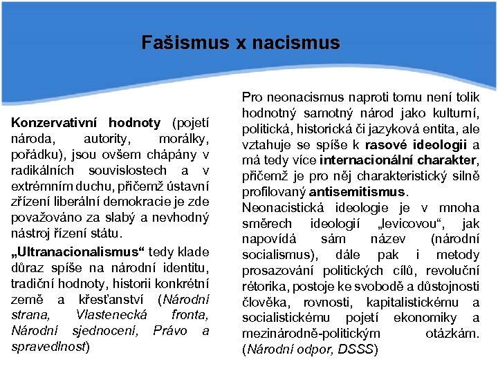 Fašismus x nacismus Konzervativní hodnoty (pojetí národa, autority, morálky, pořádku), jsou ovšem chápány v