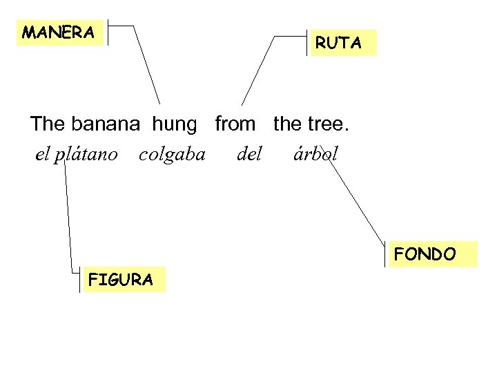 MANERA RUTA The banana hung from the tree. el plátano colgaba del árbol FONDO