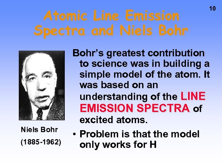 Atomic Line Emission Spectra and Niels Bohr (1885 -1962) 10 Bohr’s greatest contribution to