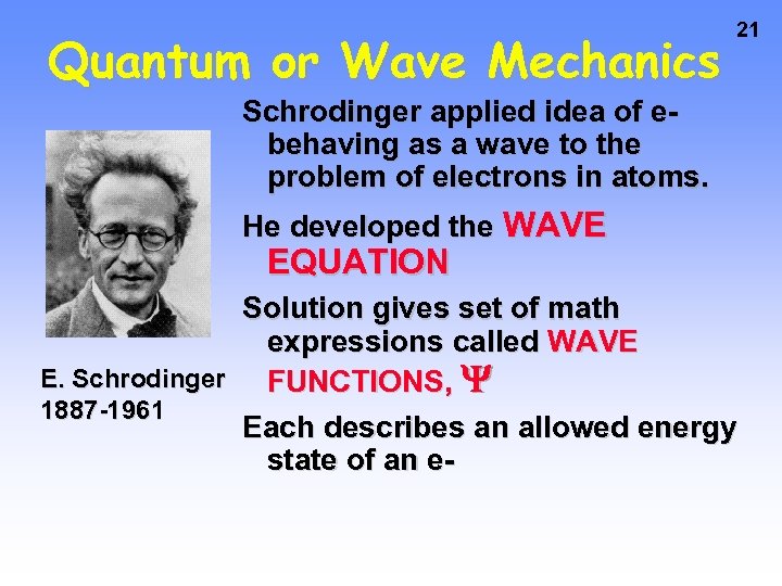 Quantum or Wave Mechanics 21 Schrodinger applied idea of ebehaving as a wave to