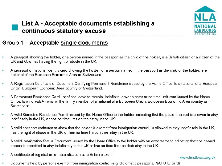  List A - Acceptable documents establishing a continuous statutory excuse Group 1 –