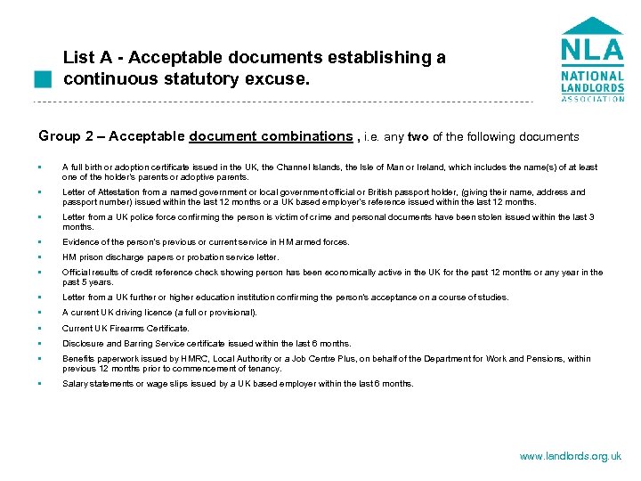 List A - Acceptable documents establishing a continuous statutory excuse. Group 2 – Acceptable